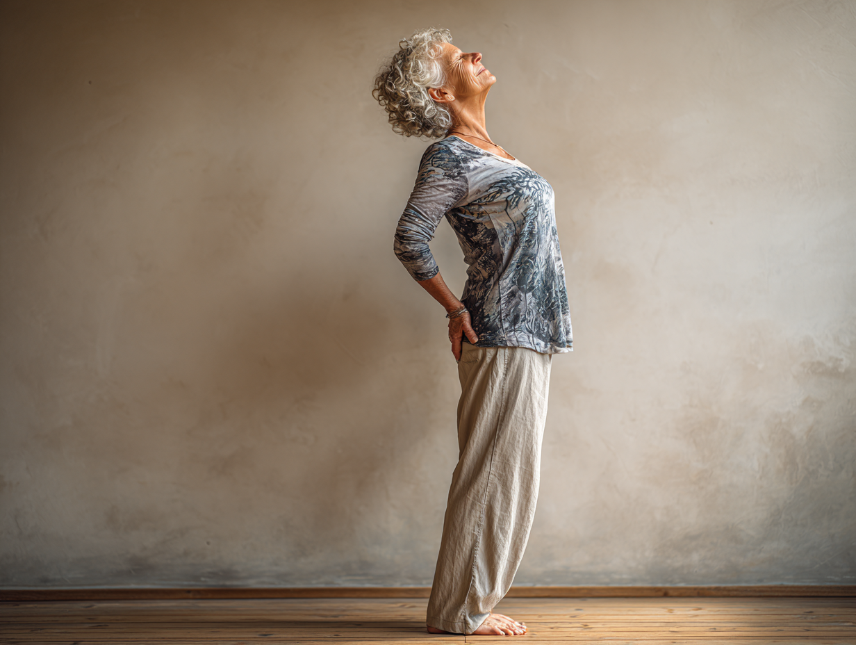 Жінка середнього віку виконує дихальні вправи йоги