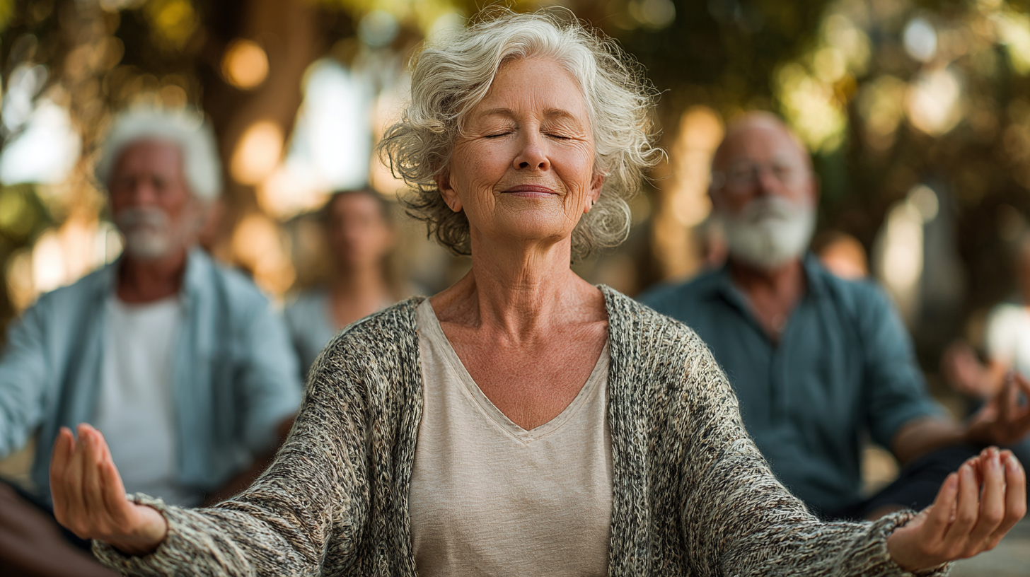Група людей старшого віку займається йогою на природі